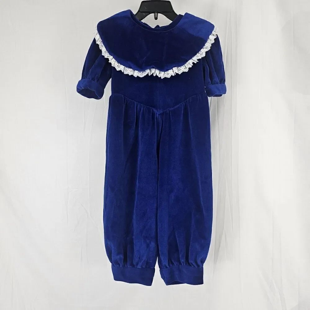 Vintage Bubble Jumpsuit With Collar  Blue Velvet Material Fits Girl Size 2/3